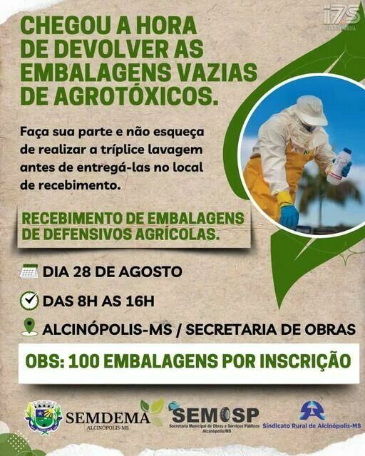 Imagem de compartilhamento para o artigo Produtores Rurais de Alcinópolis são convocados para devolver embalagens vazias de agrotóxicos da MS Todo dia